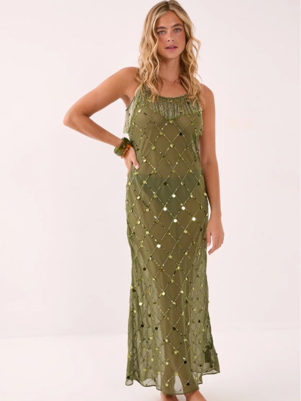 NWT Nasty Gal Women's Coin and Tassel Embellished Maxi Dress olive green - Picture 3 of 4